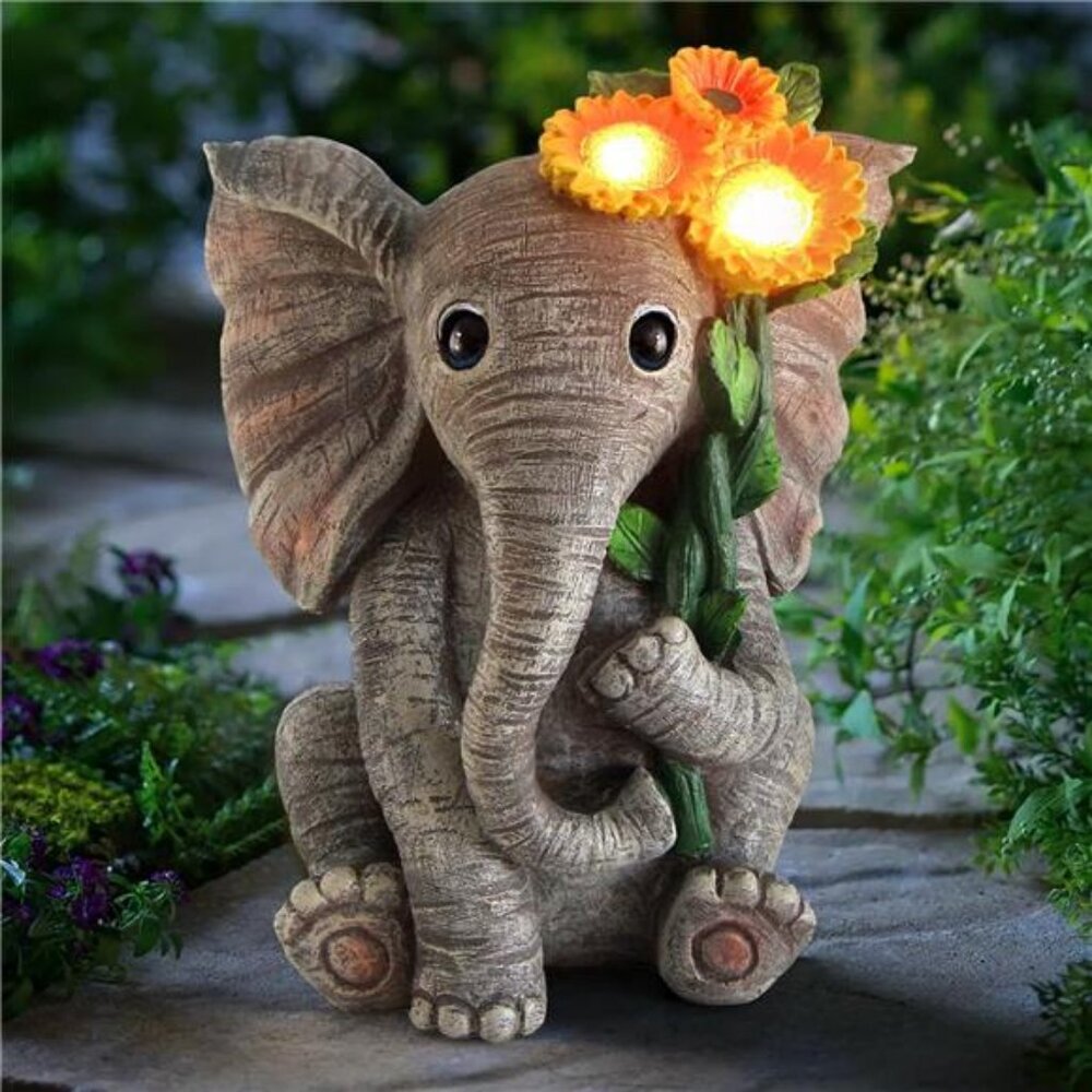 Outdoor Sculpture Figurine Statue Elephant Decor, Solar Garden Statues